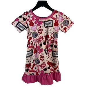 Girls Taylor Swift Themed Pink 22 Bow‎ Guitar Print Dress 5-6T Pop Star Inspired